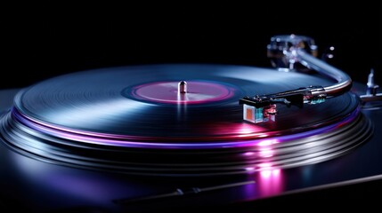 Turntable Playing Vinyl Record with Dramatic Lighting and Close-up of Stylus for High-Quality Audio