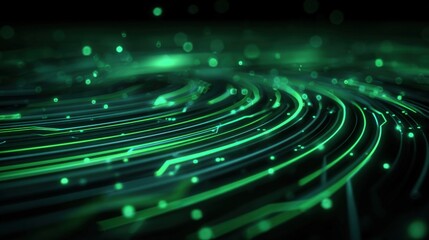 Dynamic Green Light Trails on Black Background: Futuristic Technology Concept for High-Tech Industries