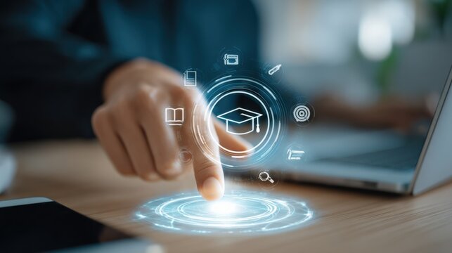 Interactive Online Education: Person Engaging with Digital Learning Interface for Enhanced Knowledge Acquisition - Powered by Adobe