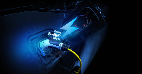 Power cable pump plug in charging power to electric vehicle EV car.