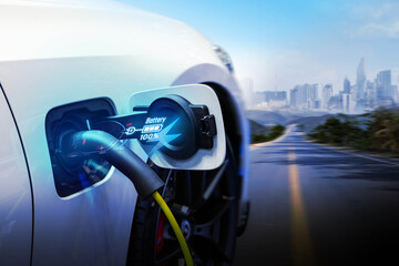 Power cable pump plug in charging power to electric vehicle EV car.