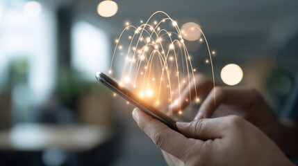 Smartphone user interacts with network, showcasing digital connection and online activity on mobile device in modern setting