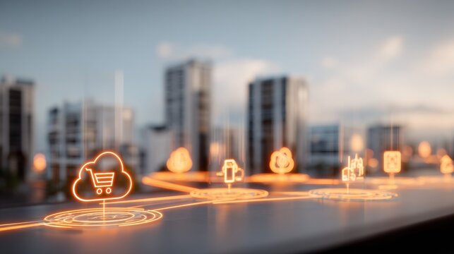 Digital cityscape showcasing cloud technology, connectivity, e-commerce, wireless communication and smart devices with modern urban background - Powered by Adobe