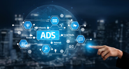 This image showcases a futuristic digital marketing landscape, featuring concepts like ADS, social media, and analytics, combined with interactive technology for business success. Tessel