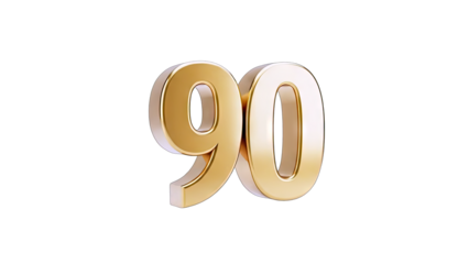 3D Gold Number 90 with Glossy Finish on transparent background