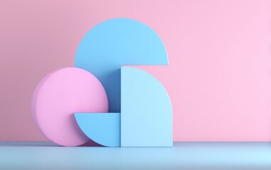Abstract geometric shapes in pastel colors against a pink backdrop