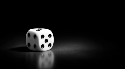 Close-up of a Single White Dice with Black Spots Isolated on a Dark Background