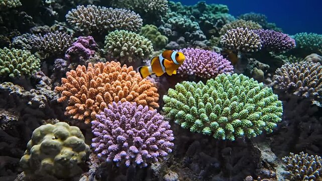 Vibrant orange and white clownfish swims near intricate white branching coral structure against a deep teal ocean background showcasing symbiotic marine life and tropical ecosystem beauty.
