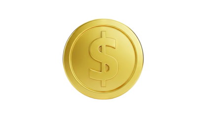 3D Golden dollar coin with dollar sign on transparent background