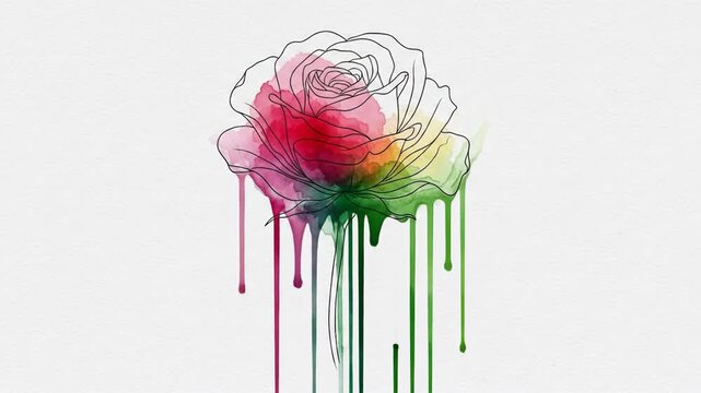 Vibrant watercolor rose illustration with colorful paint drips on a textured white background, combining line art and abstract elements.