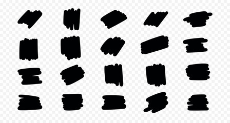 Black thick marker lines. Vector strokes, paint stains isolated on transparent backdrop