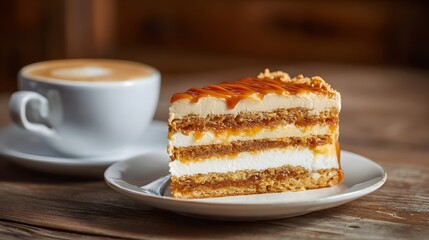 Delicious layered cake with caramel drizzle and a cup of coffee.