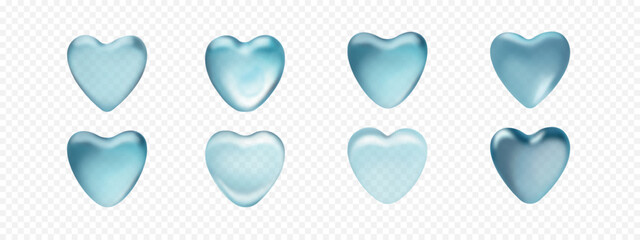 Transparent water drops in heart shape. 3D blue glass vector icons isolated on transparent background