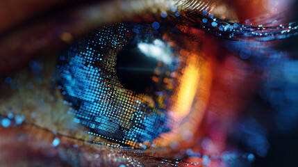 Close-up of human eye with futuristic digital pixels