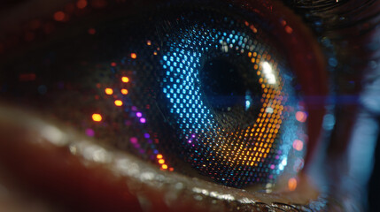 Close-up of futuristic eye with colorful digital interface