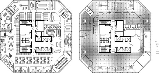 Large Office Interior Design Drawing with Furniture Layout, Lighting Plan, and Curtain Space Allocation