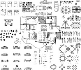 Condominium Interior Design with Furniture Layout and Drafting Accessories Including Bed, Dining Table, Car, and Plants