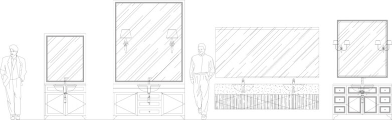 Bathroom Interior Design Drawing of Glass Vanity Cabinets with Drawers and Storage, Four Design Options with Human Scale Illustration