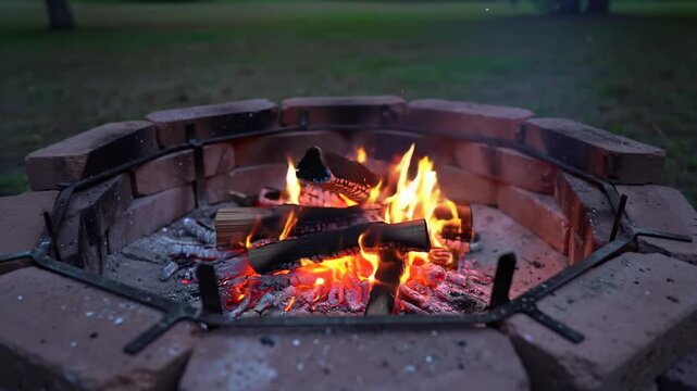 Burning logs in a brick fire pit create a warm glow at dusk, bonfire campfire for outdoor activity, flames.