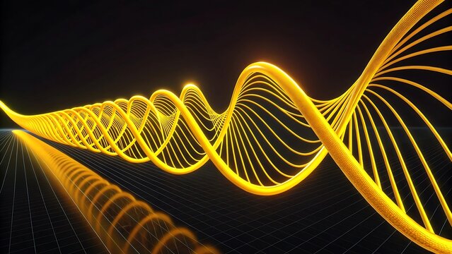 Abstract golden DNA helix structure twisting in a futuristic digital space with grid reflection, science concept - Powered by Adobe