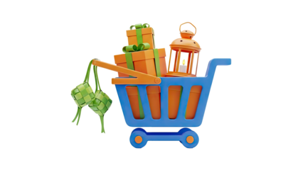 3D Shopping Cart with Ramadan Gifts and Ketupat on transparent background