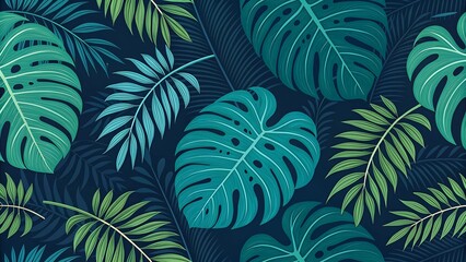 Vibrant seamless tropical jungle pattern with large monstera and palm leaves on dark blue