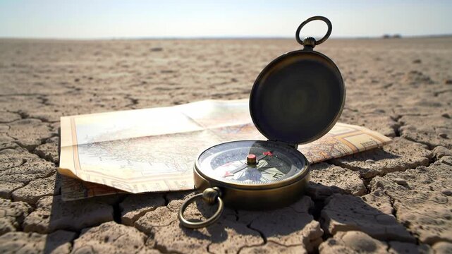 Vintage compass and map on cracked earth, concept of travel, exploration, adventure. Desert landscape shows climate change, drought.