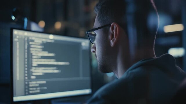 Programmer working late at night on computer code.