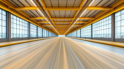 Industrial style office with motion blur, yellow beams, large windows, modern architecture