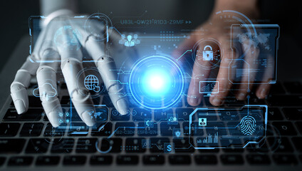 An AI assistant operates a futuristic command center, managing a global technology platform. The system provides intelligent data security and network administration. Fermion