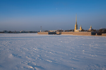 Peter and Paul Fortress and Vasilievsky Island from the Trinity Bridge over the Neva River on a...