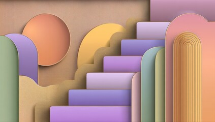 Abstract geometric staircase with colorful shapes and soft lighting