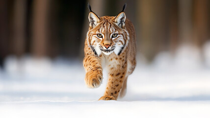 Lynx walking through snowy forest with intense gaze, winter wildlife scene, natural beauty