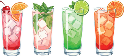 Elegant vector illustration set of four colorful summer cocktails or mocktails in tall glasses, garnished with citrus slices, cherry, mint leaves, and plenty of refreshing ice cubes. © Tofajjol