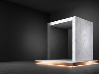 Abstract geometric structure with illuminated base and dark backdrop