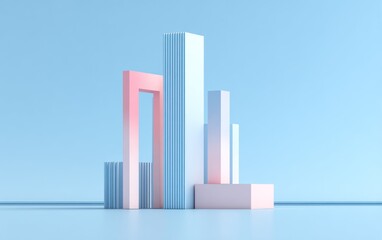 Abstract geometric structures in pastel colors against a light blue backdrop