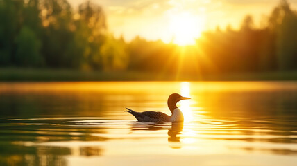 Loon swimming on calm lake at sunrise, golden light, peaceful nature, blurred forest background