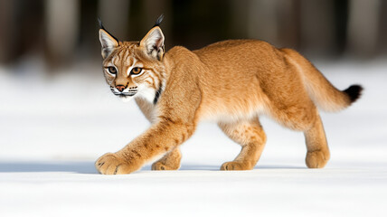 Lynx hunting in snow with focused expression, blurred forest background, winter wildlife scene