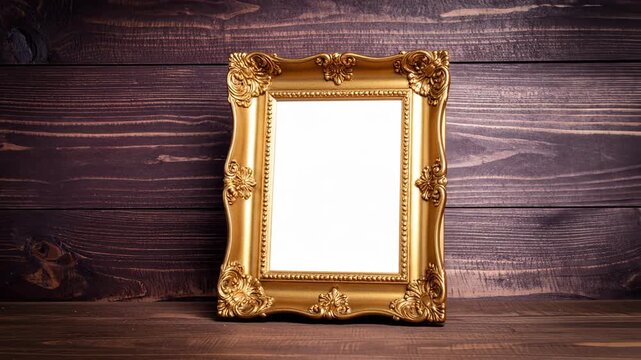 An elegant, ornate golden picture frame with a white empty space stands on a dark rustic wooden table, ready for a cherished memory or message.