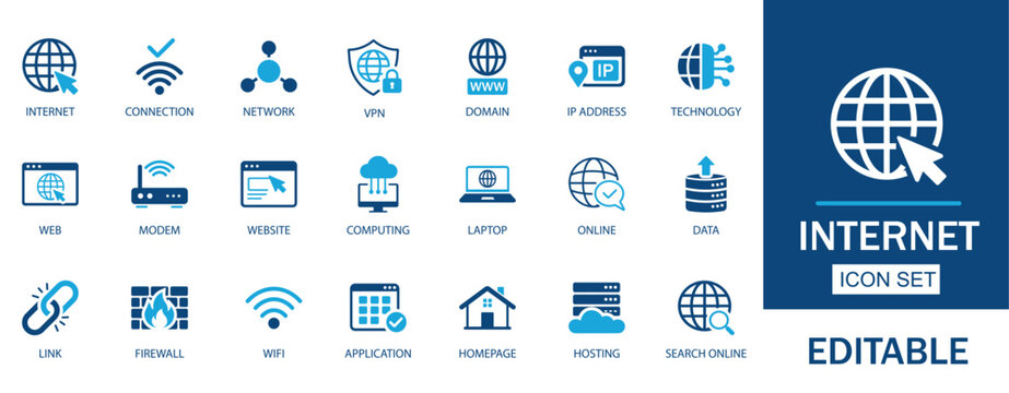 Internet and Web editable solid Icon set. Features icons computing, connectivity, domain, firewall, global, hosting, and link. Perfect for IT and web apps.