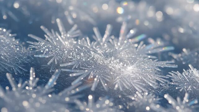 Delicate frost crystals sparkle with icy beauty in crisp winter sunlight.