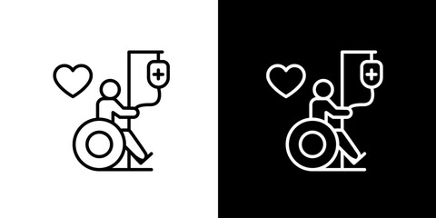 Outline icon of a patient in a wheelchair with an IV drip, representing essential medical care, recovery, and compassionate health support services