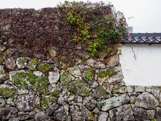 雨の中、兵庫県豊岡市の出石町、出石城址を歩く
