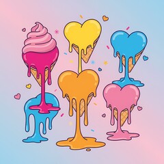 Colorful illustration featuring ice cream cones with heart shaped scoops melting 