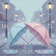 Two umbrellas one blue and one pink rest against each other on a cobblestone street under rain.