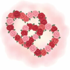 Interlocking heart shapes are formed by red and pink roses creating a floral wreath. 
