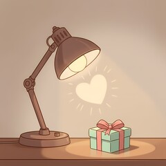 A table lamp casts a soft glow on a table projecting a heart shaped light on the wall. 