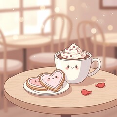 A whimsical illustration of a cozy cafe scene featuring a cute cup of hot chocolate