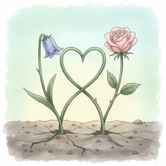 Two flowers are depicted with intertwined stems forming a heart shape