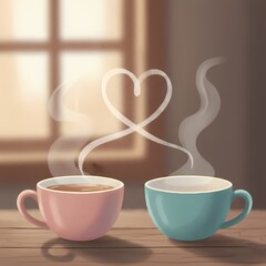 Two steaming cups one pink and one blue sit on a wooden table.